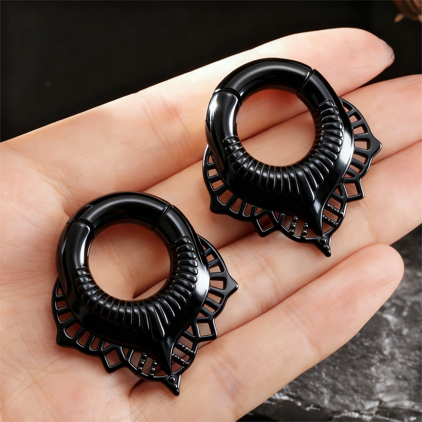 Black Lace Flower lobe weights/ Hinged Gauge Ring/ 2G Ear Gauges/ Ear Lobe stretching 6mm/ Gift Packaged Ear Weights