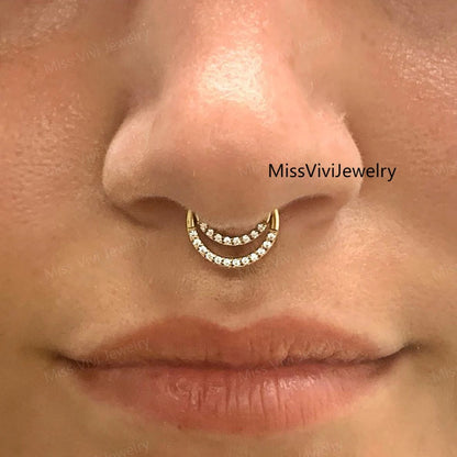 16G 316L Steel CZ Septum Ring/ Crystal Daith Clicker/ Double Layered Septum/ Stacked Septum/ Double Row Septum Piercing/ Septum Clicker Miss Vivi Jewelry