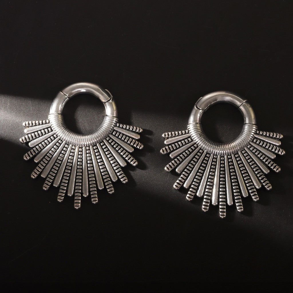 Black Fan Ear Weights for Stretched Ear/ Ear Hangers Hoop with Easy Clasp/ Gothic 2 Gauge Ear Plugs Heavy/ Steel Earlobe Gauge Weights