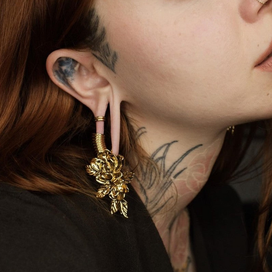 00G Rose Ear Weights Hanger/ High-Quality Ear Hanger for Stretched Ears / Weighted Gauges Golden/ Golden Ear Stretched Jewelry/ Weighted Dangle 10mm
