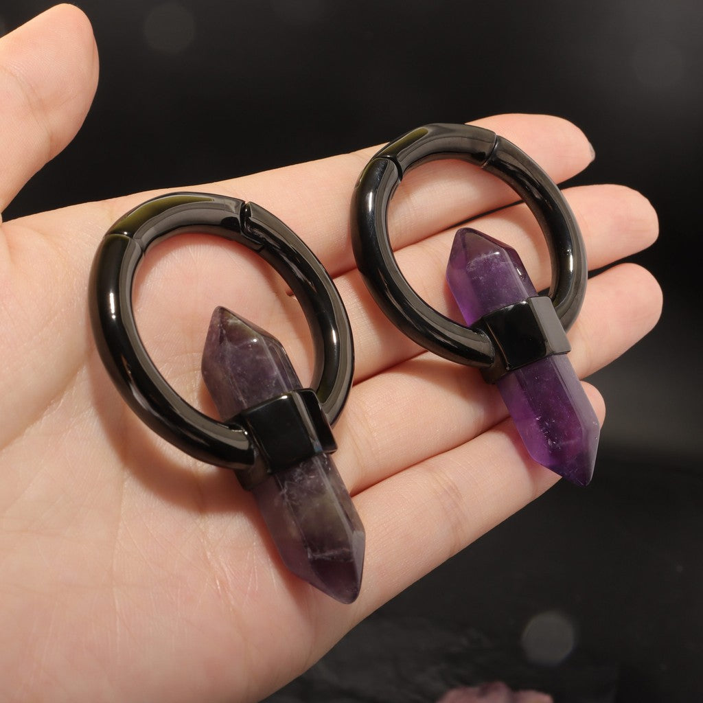 Amethyst Ear Weight/ 6mm 2G Ear Lobe Hanger/ Ear Weight Gauges For Stretched Ear/ Spike Amethyst Plug Earring/Stone Dangle Ear Hanger Silvery