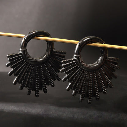 Black Fan Ear Weights for Stretched Ear/ Ear Hangers Hoop with Easy Clasp/ Gothic 2 Gauge Ear Plugs Heavy/ Steel Earlobe Gauge Weights
