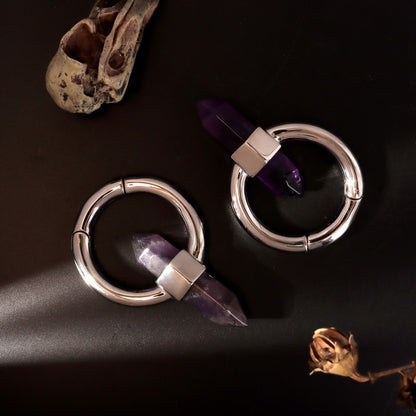 Amethyst Ear Weight/ 6mm 2G Ear Lobe Hanger/ Ear Weight Gauges For Stretched Ear/ Spike Amethyst Plug Earring/Stone Dangle Ear Hanger Silvery