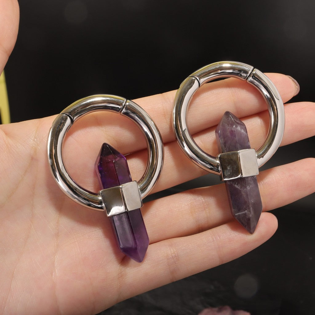 Amethyst Ear Weight/ 6mm 2G Ear Lobe Hanger/ Ear Weight Gauges For Stretched Ear/ Spike Amethyst Plug Earring/Stone Dangle Ear Hanger Silvery